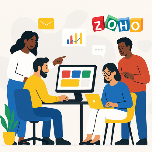 A vibrant, modern office scene depicting diverse professionals using technology and collaborating.