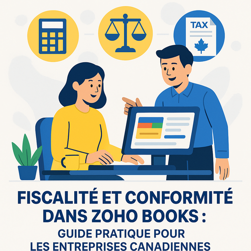 alt_text: Cover image for Canadian guide on Zoho Books featuring financial elements and tax compliance icons.