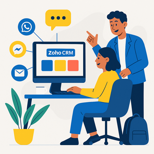 alt_text: Cover image depicting seamless integration of messaging channels with Zoho CRM in a modern office.
