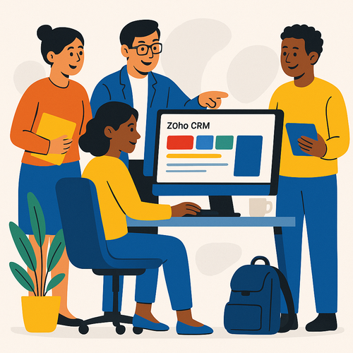 alt_text: Diverse professionals collaborating in a modern workspace, showcasing Zoho CRM on digital devices.