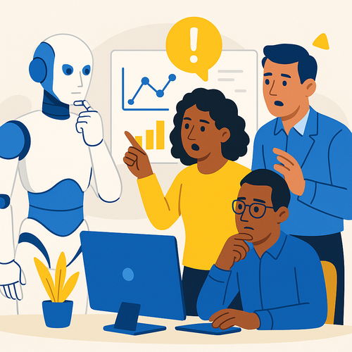 **alt_text**: Cover image showing a humanoid AI robot and diverse professionals analyzing data and discussing pitfalls.
