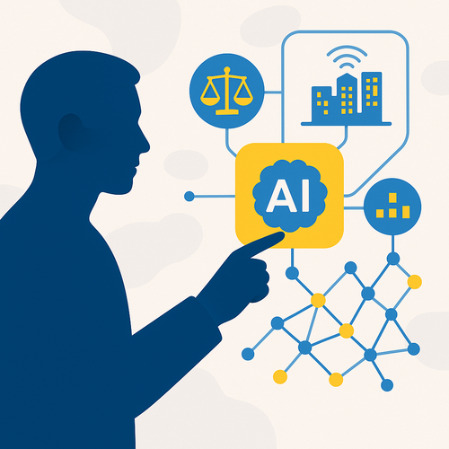 alt_text: Human silhouette engaging with a holographic AI interface, showcasing ethics and smart city networks.