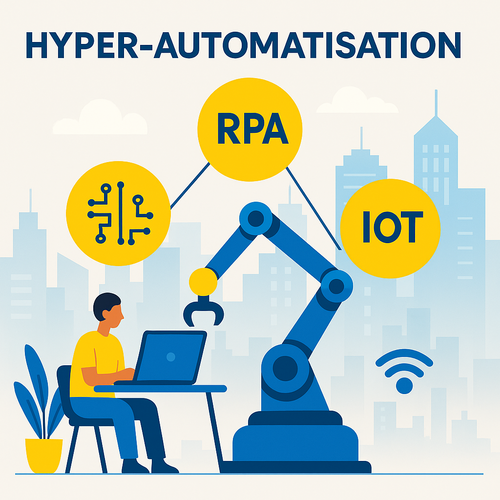alt_text: Cover image depicting "Hyper-automatisation" with AI, RPA, IoT elements in a futuristic cityscape.