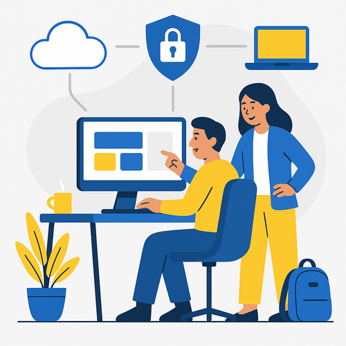 alt_text: Cover image showcasing hybrid work, cloud tools, and cybersecurity in a modern, collaborative office.