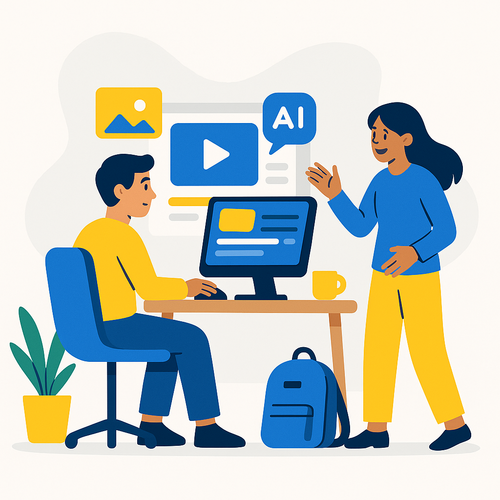alt_text: Cover image showing a creative workspace for small businesses using AI in video production.